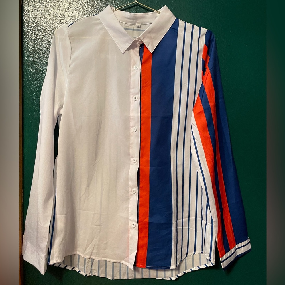White, Blue, Orange Button-Down Shirt